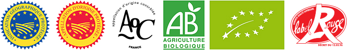 Logos IGP, AOP, AOC, Agriculture Biologique, bio européen et Label Rouge